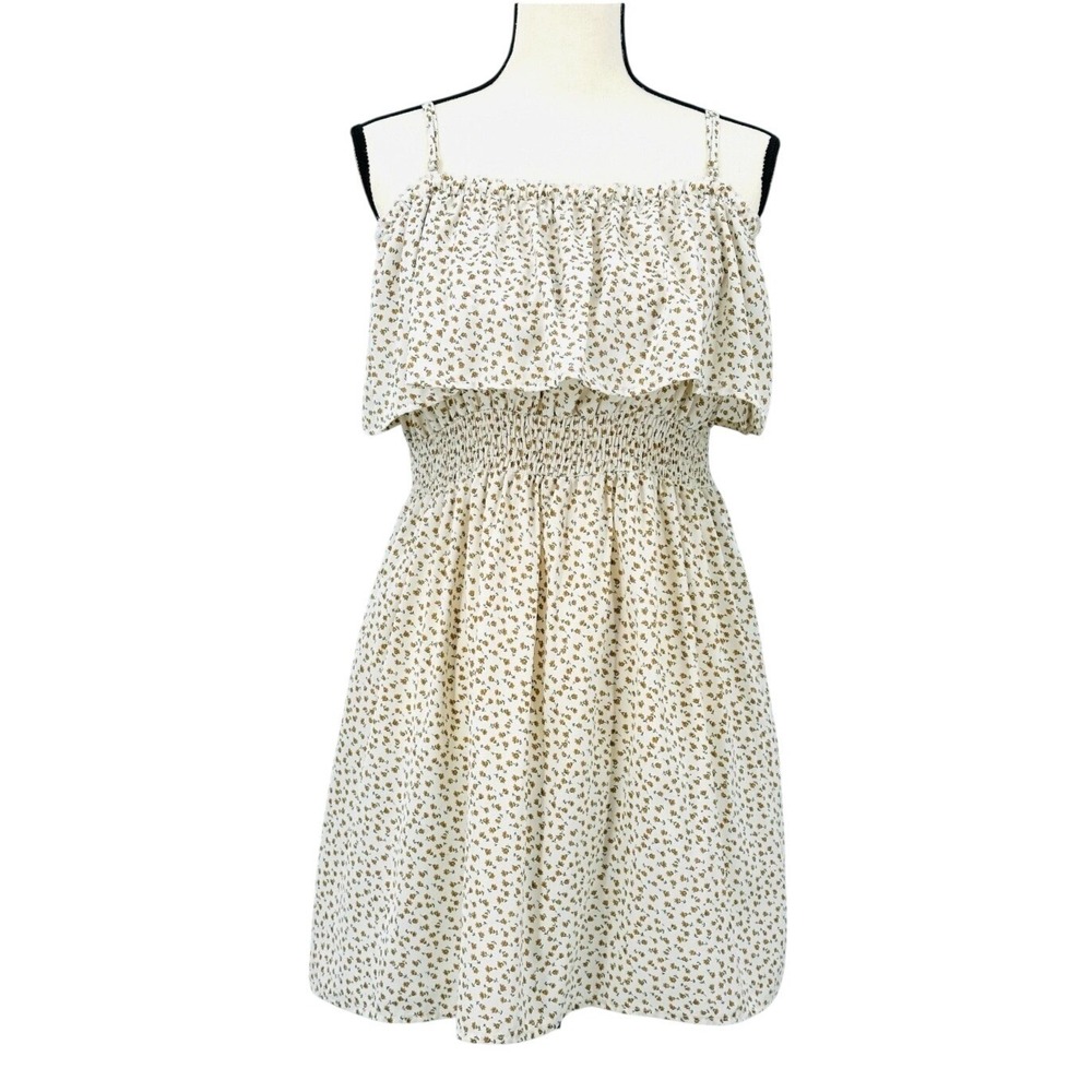 CAMELLIA Mini Dress Smocked‎ Waist Ivory Floral Spaghetti Straps Junior's Large